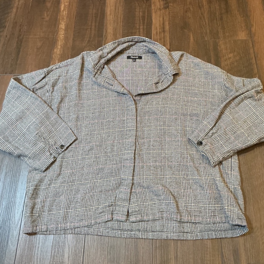 Madewell Plaid Boxy Button Up Shirt Grey Glen Check Cotton Relaxed Large L